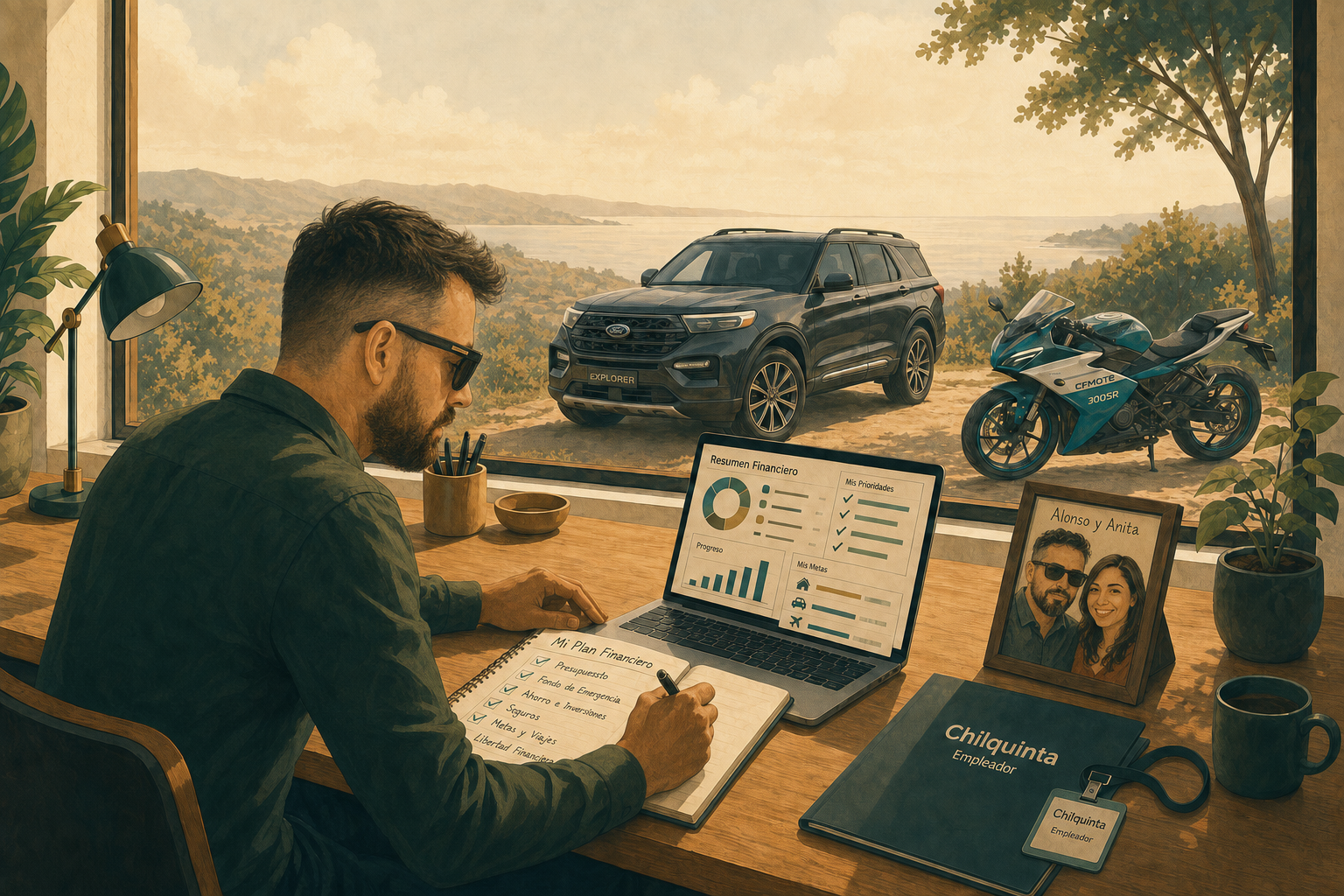 Ilustración personalizada de Alonso organizando sus finanzas, con una Ford Explorer, una CFMOTO 300SR, su empleador Chilquinta y un retrato de Alonso con Anita.